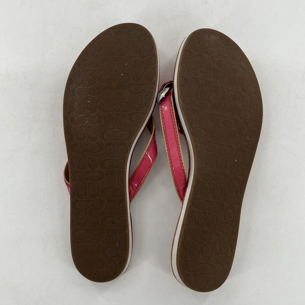 Coach Womens Signature Coated Canvas‎ Flip Flop Thong Patent Button Melon 8.5